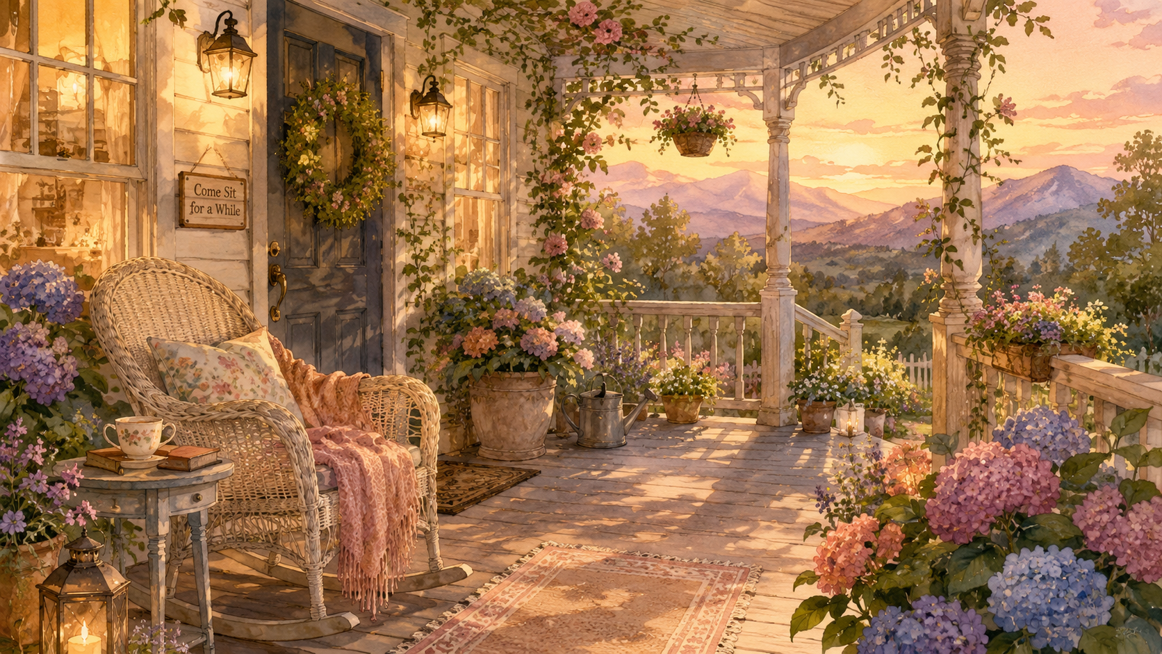 A decorated cottage front porch with a wicker rocking chair, flowers, lanterns, and mountain views at sunset.